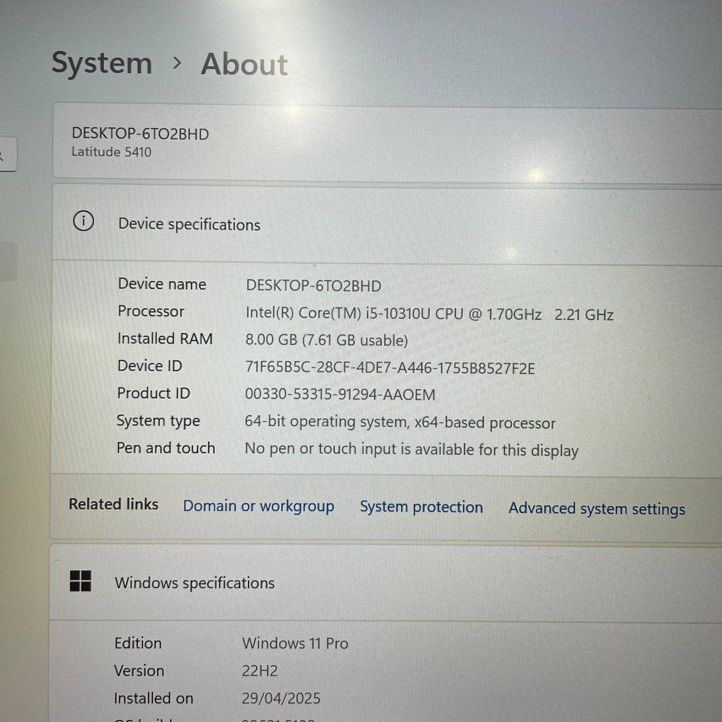 Dell Latitude 5410 14" Laptop, 8GB RAM, i5 10th Gen, 128GB SSD