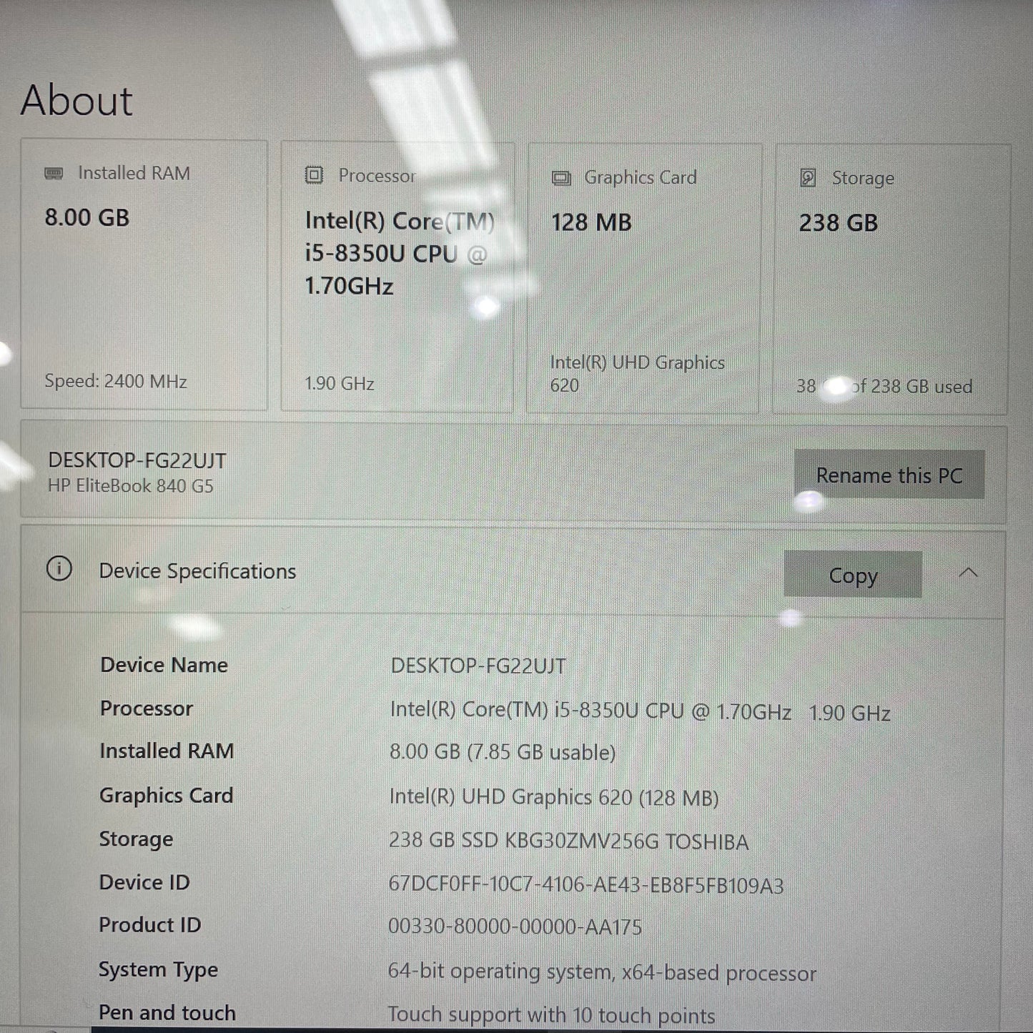 HP EliteBook 840 G5 14" Laptop, 8GB RAM, i5 8th Gen, 256GB SSD