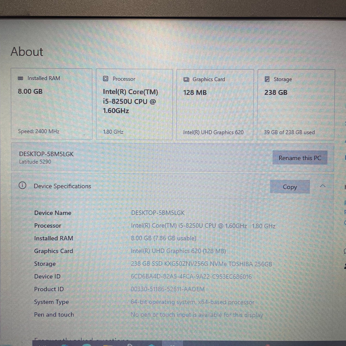 Dell Latitude 5290 12.5" Laptop, 8GB RAM, i5 8th Gen, 256GB SSD