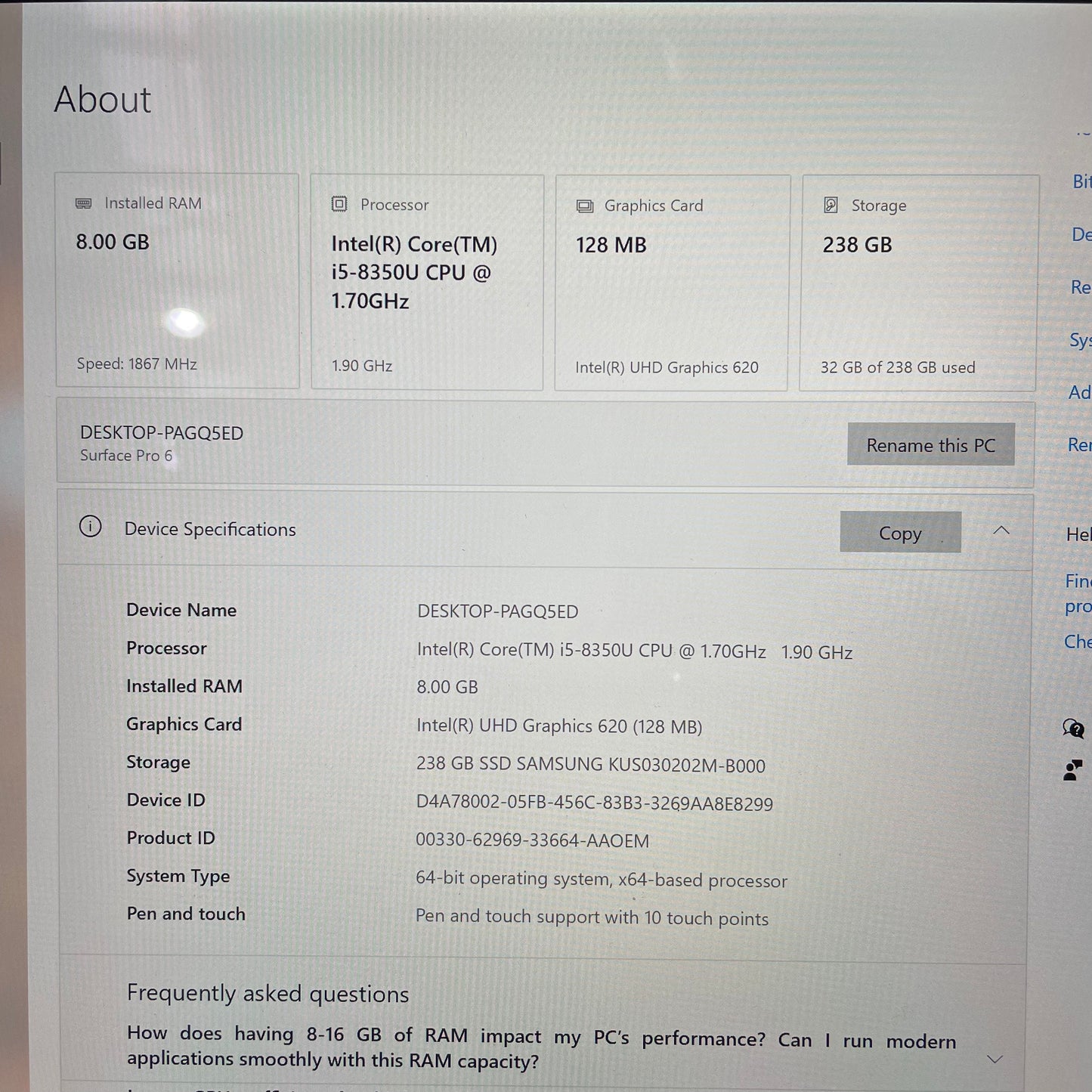 Microsoft Surface Pro 6 1796 12.3" Tablet Laptop, 8GB RAM, i5 8th Gen, 256GB SSD