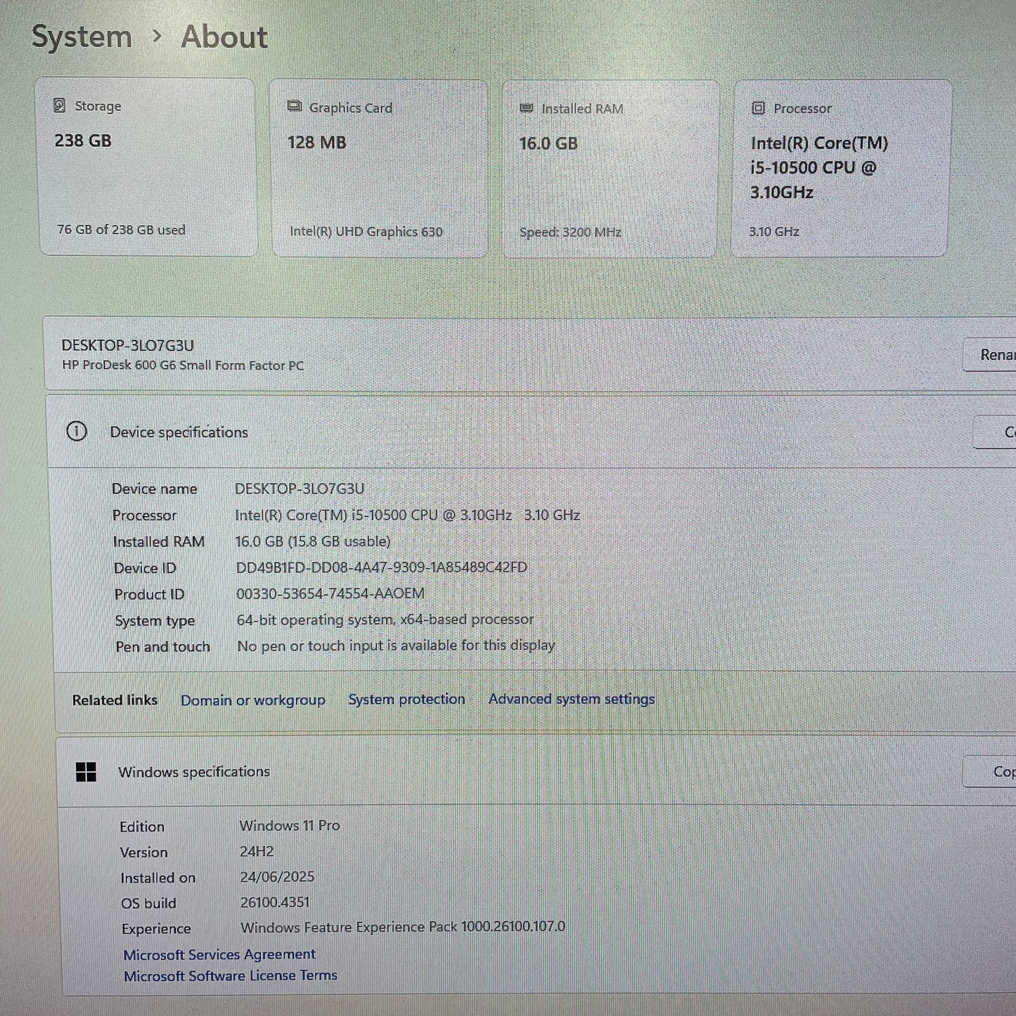HP ProDesk 600 G6 SFF Desktop PC, 16GB RAM, i5 10th Gen, 256GB SSD