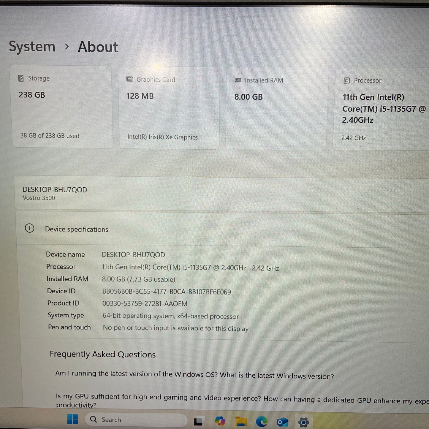 Dell Vostro 3500 15.6" Laptop, 8GB RAM, i5 11th Gen, 256GB SSD