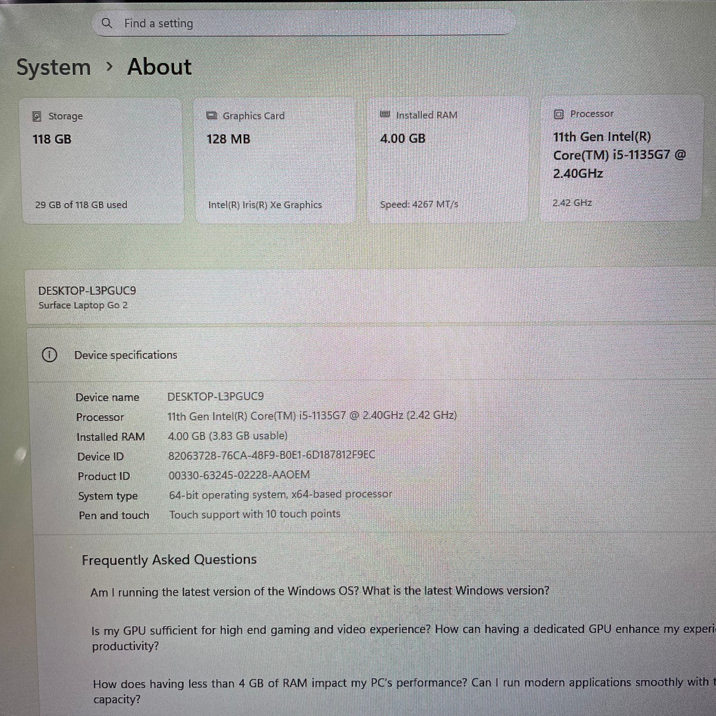 Microsoft Surface Laptop Go 2 2013 12.4" Laptop, 4GB RAM, i5 11th Gen, 128GB SSD
