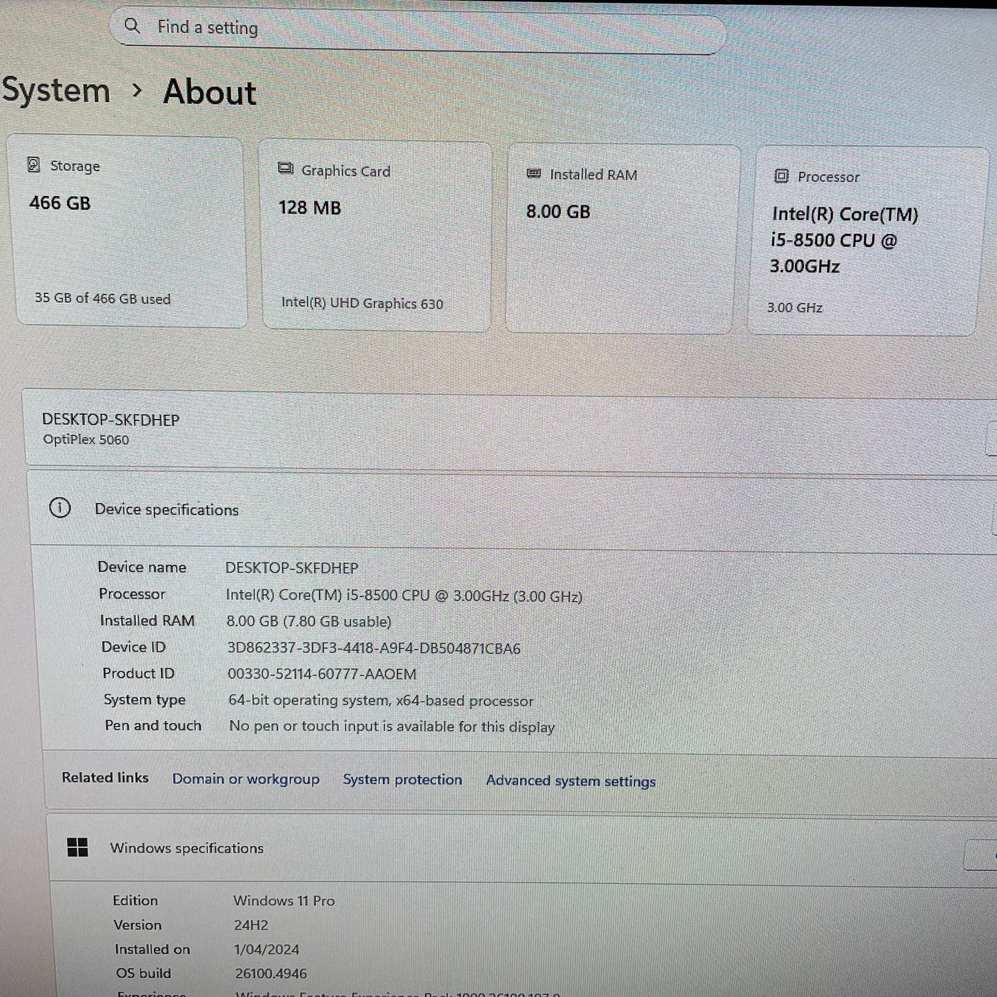 Dell Optiplex 5060 SFF Desktop PC, 8GB RAM, i5 8th Gen, 500GB HDD