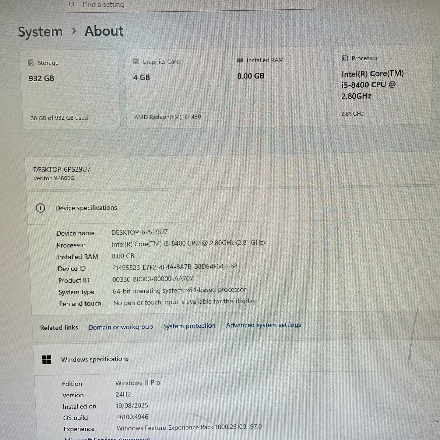 Acer Veriton X4660G Desktop PC, 8GB RAM, i5 8th Gen, 1TB HDD