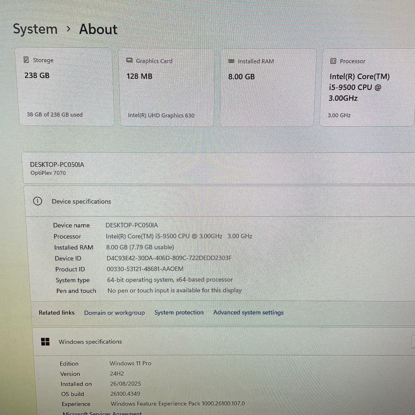 Dell Optiplex 7070 SFF Desktop PC, 8GB RAM, i5 9th Gen, 256GB SSD