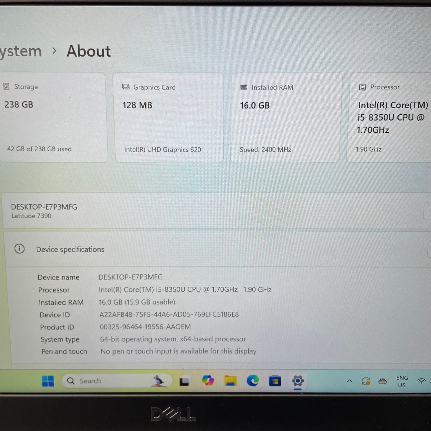 Dell Latitude 7390 13.3" Laptop, 16GB RAM, i5 8th Gen, 256GB SSD