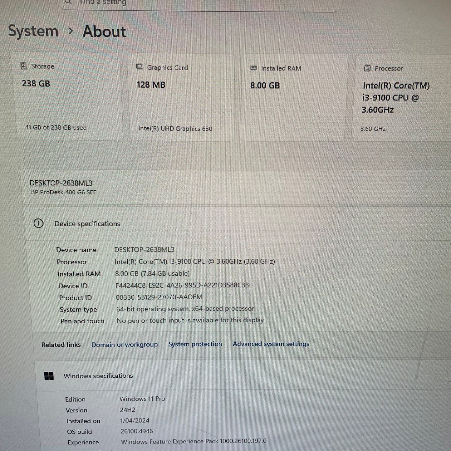 HP ProDesk 400 G6 SFF Desktop PC, 8GB RAM, i3 9th Gen, 256GB SSD
