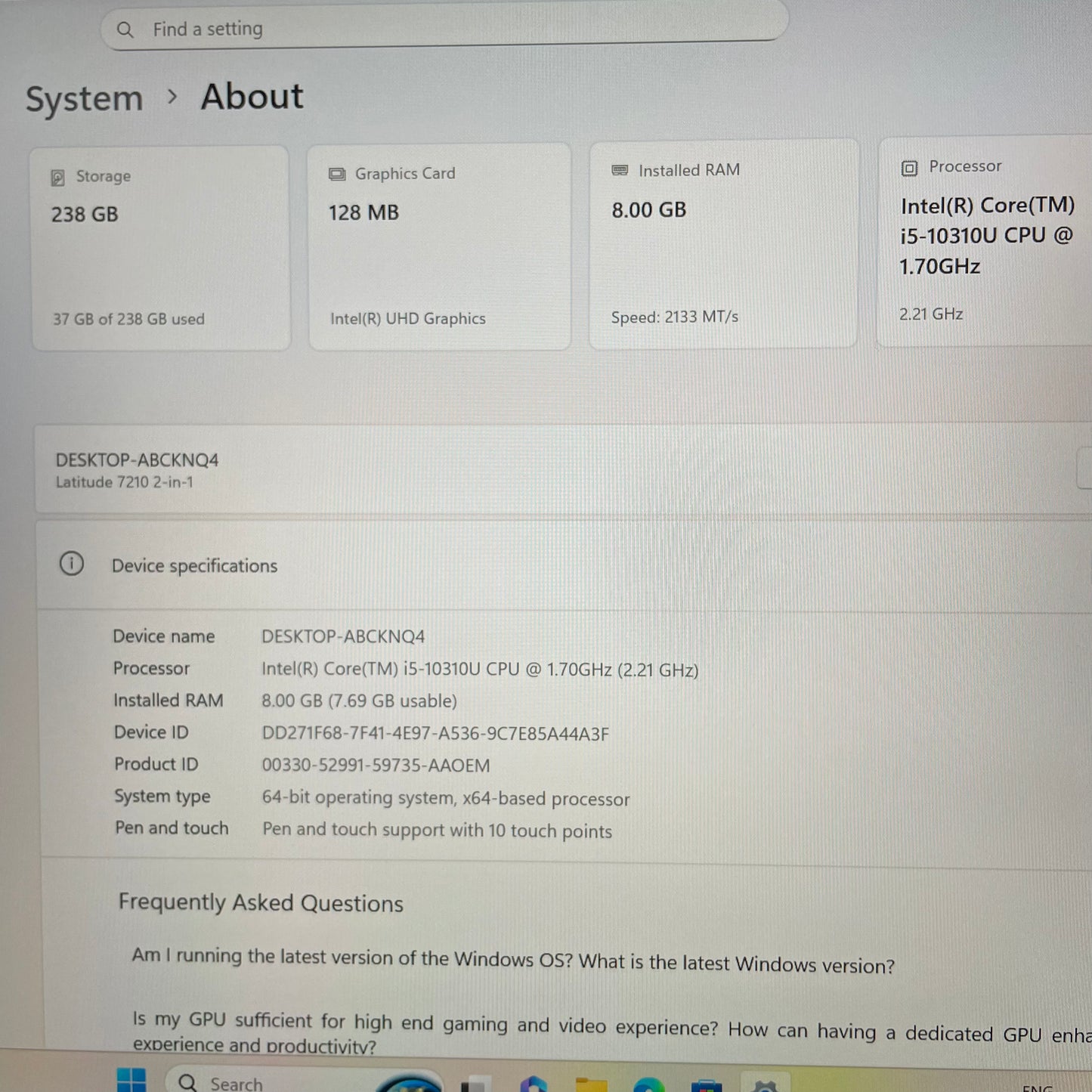 Dell Latitude 7210 12.3" 2-in-1 Tablet Laptop, 8GB RAM, i5 10th Gen, 256GB SSD