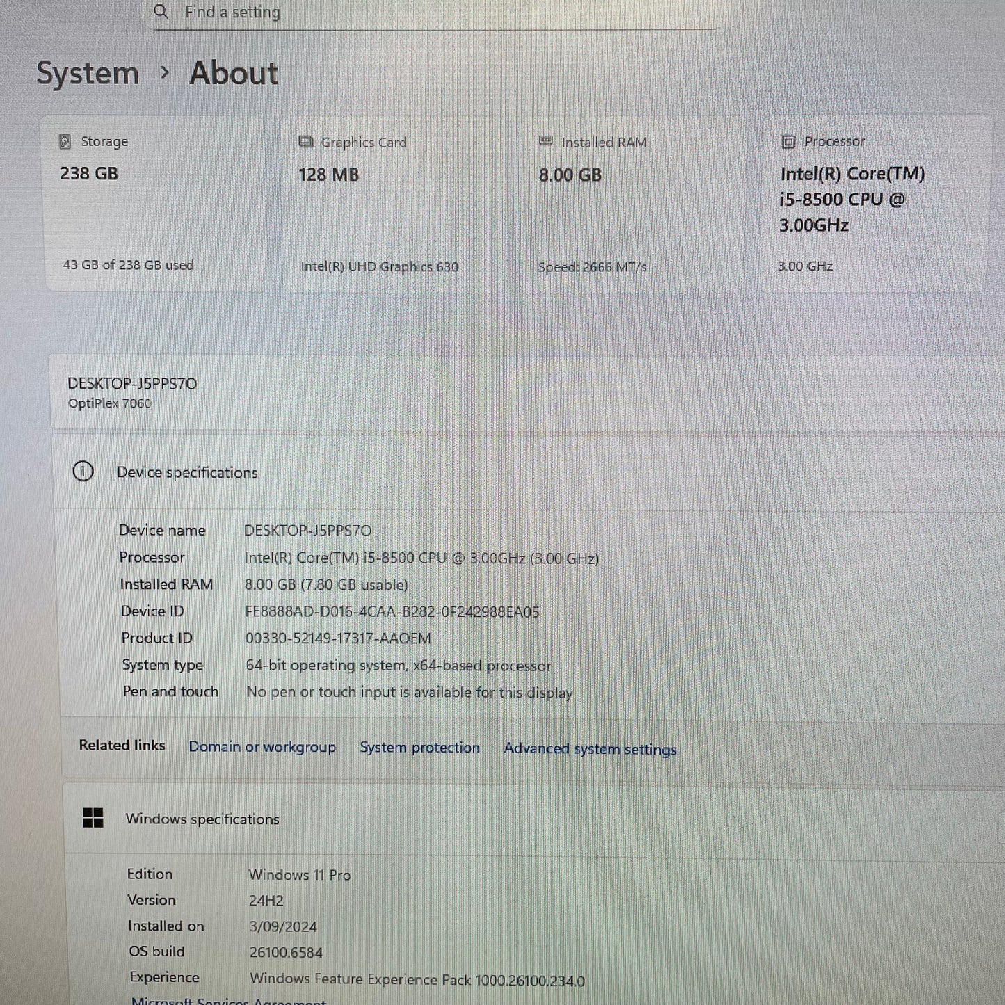 Dell Optiplex 7060 SFF Desktop PC, 8GB RAM, i5 8th Gen, 256GB SSD