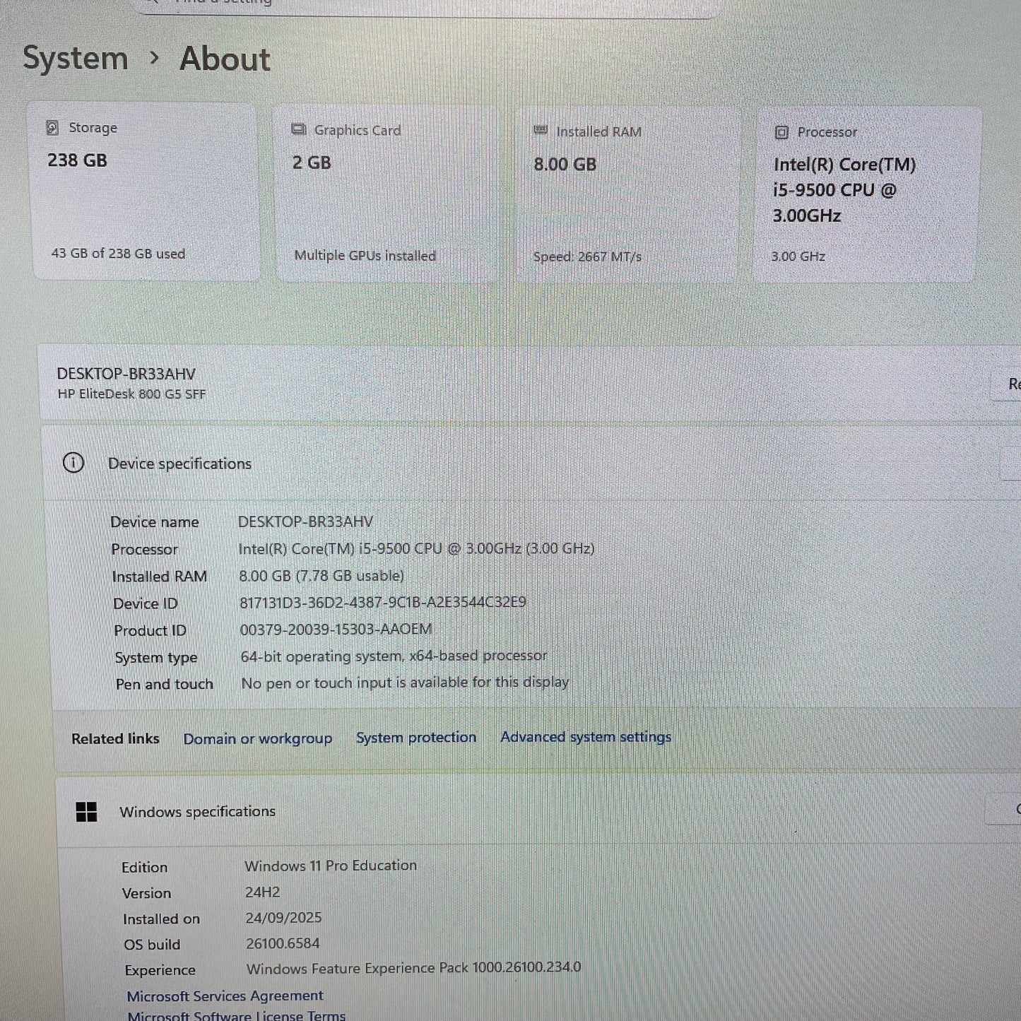 HP EliteDesk 800 G5 SFF Desktop PC, 8GB RAM, i5 9th Gen, 256GB SSD