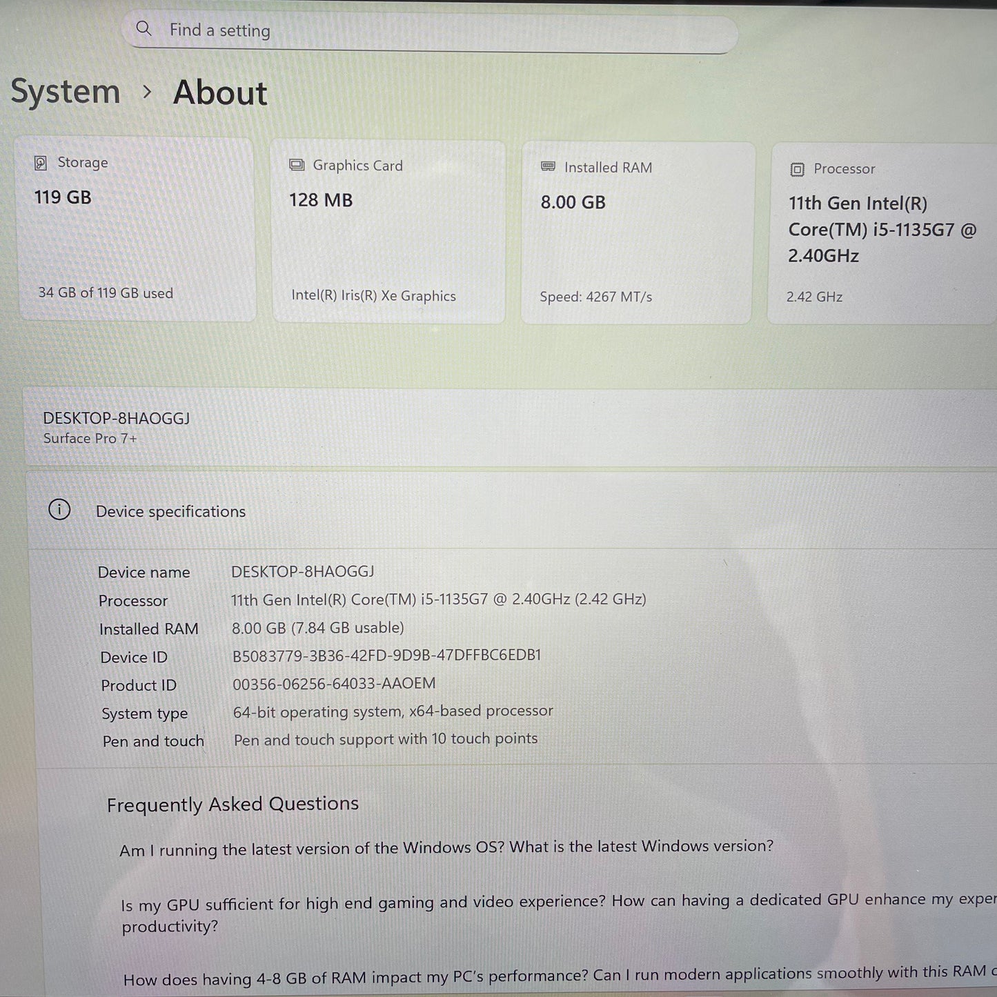 Microsoft Surface Pro 7+ 1960 12.3" Tablet Laptop, 8GB RAM, i5 11th Gen, 128GB SSD