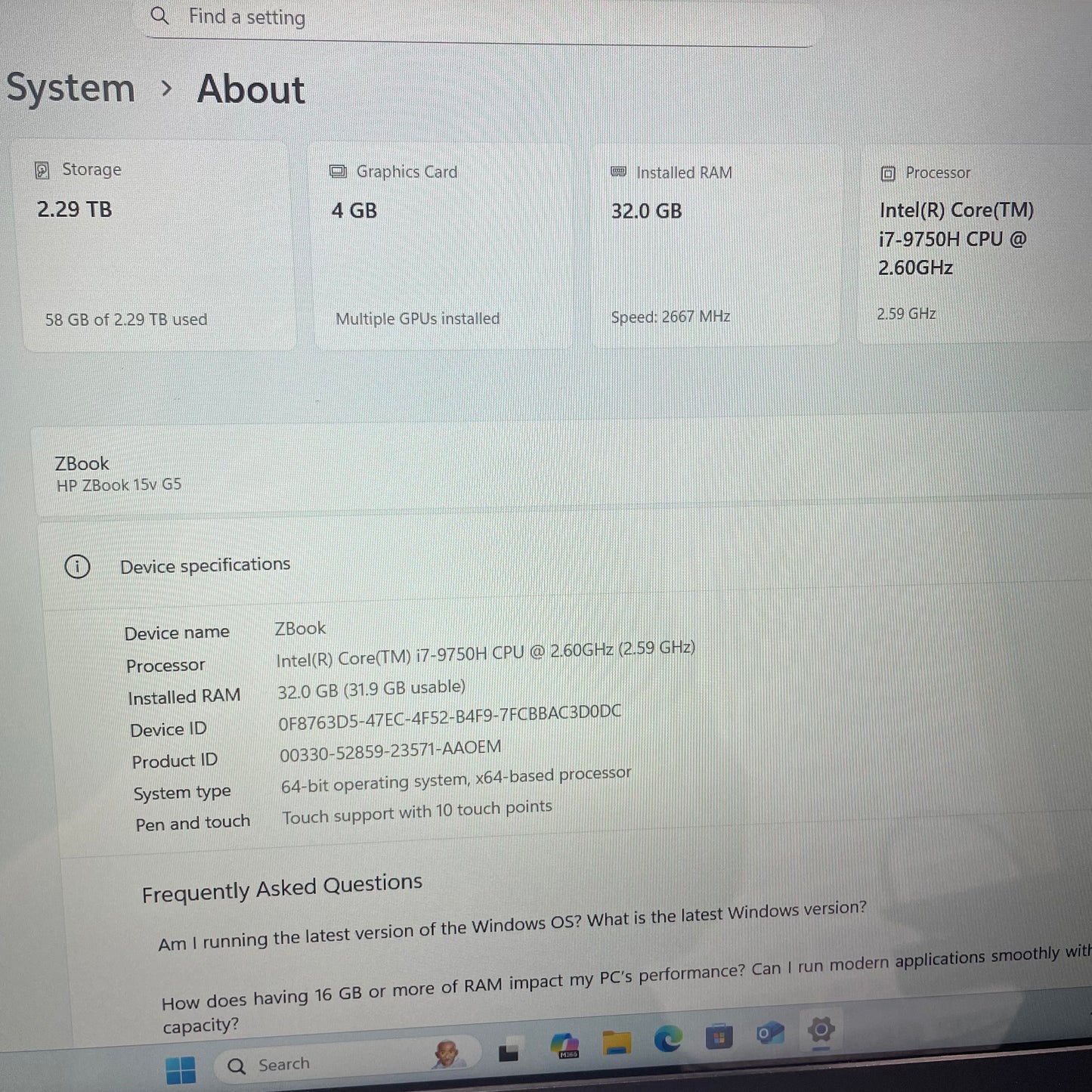 HP ZBook 15v G5 15.6" Laptop, 32GB RAM, i7 9th Gen, 512GB SSD + 2TB HDD