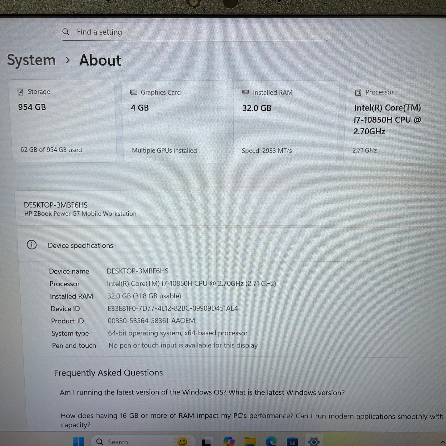 HP ZBook Power G7 15.6" Laptop, 32GB RAM, i7 10th Gen, 1TB SSD