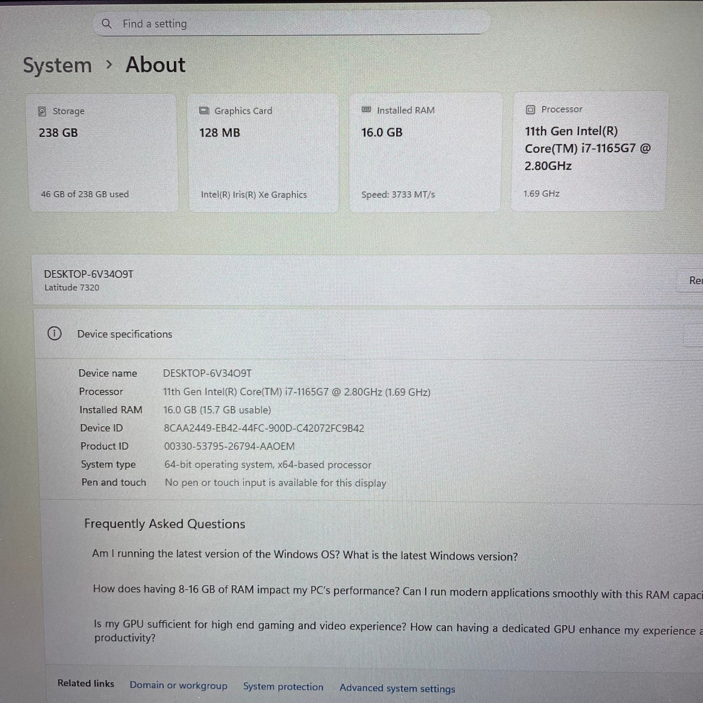 Dell Latitude 7320 13.3" Laptop, 16GB RAM, i7 11th Gen, 256GB SSD