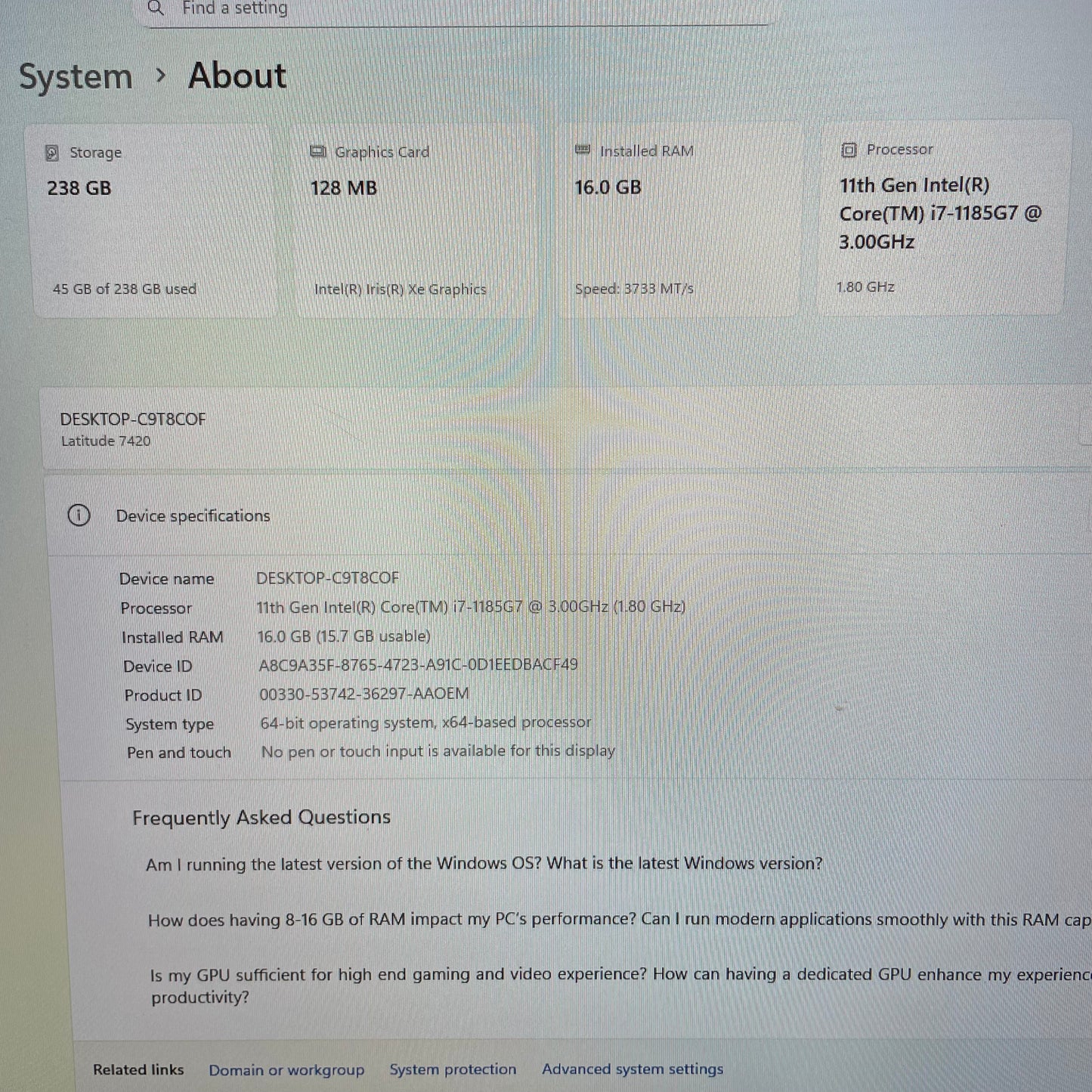 Dell Latitude 7420 14" Laptop, 16GB RAM, i7 11th Gen, 256GB SSD