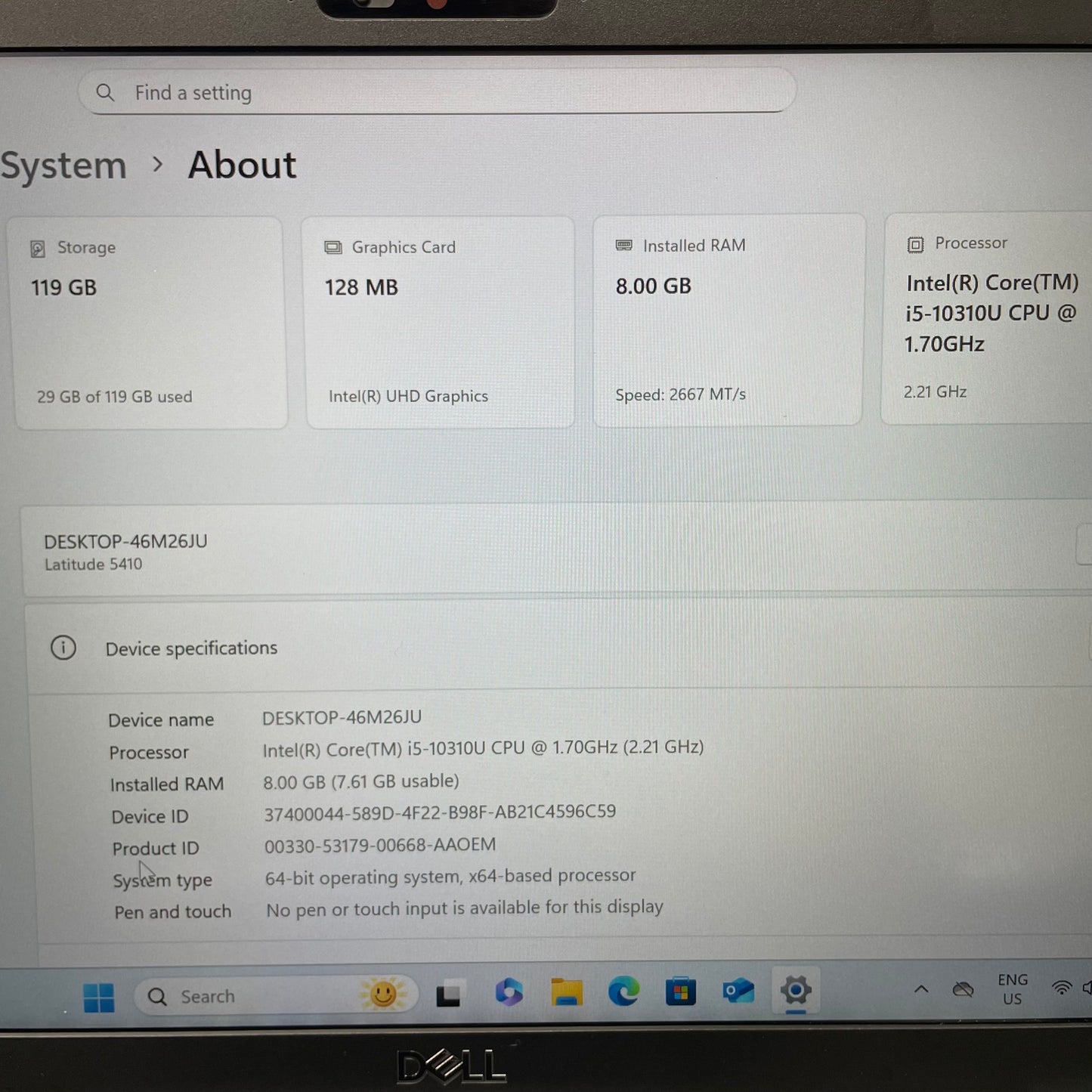 Dell Latitude 5410 14" Laptop, 8GB RAM, i5 10th Gen, 128GB SSD