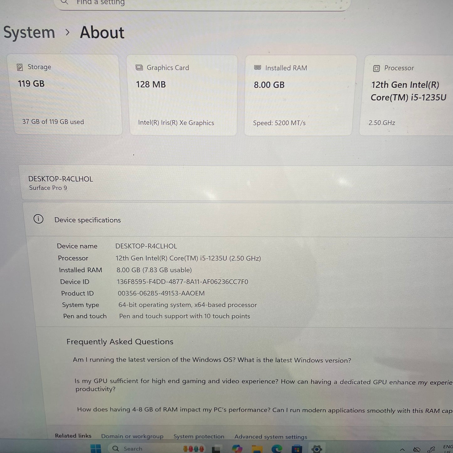 Microsoft Surface Pro 9 2038 13" Tablet Laptop, 8GB RAM, i5 12th Gen, 128GB SSD