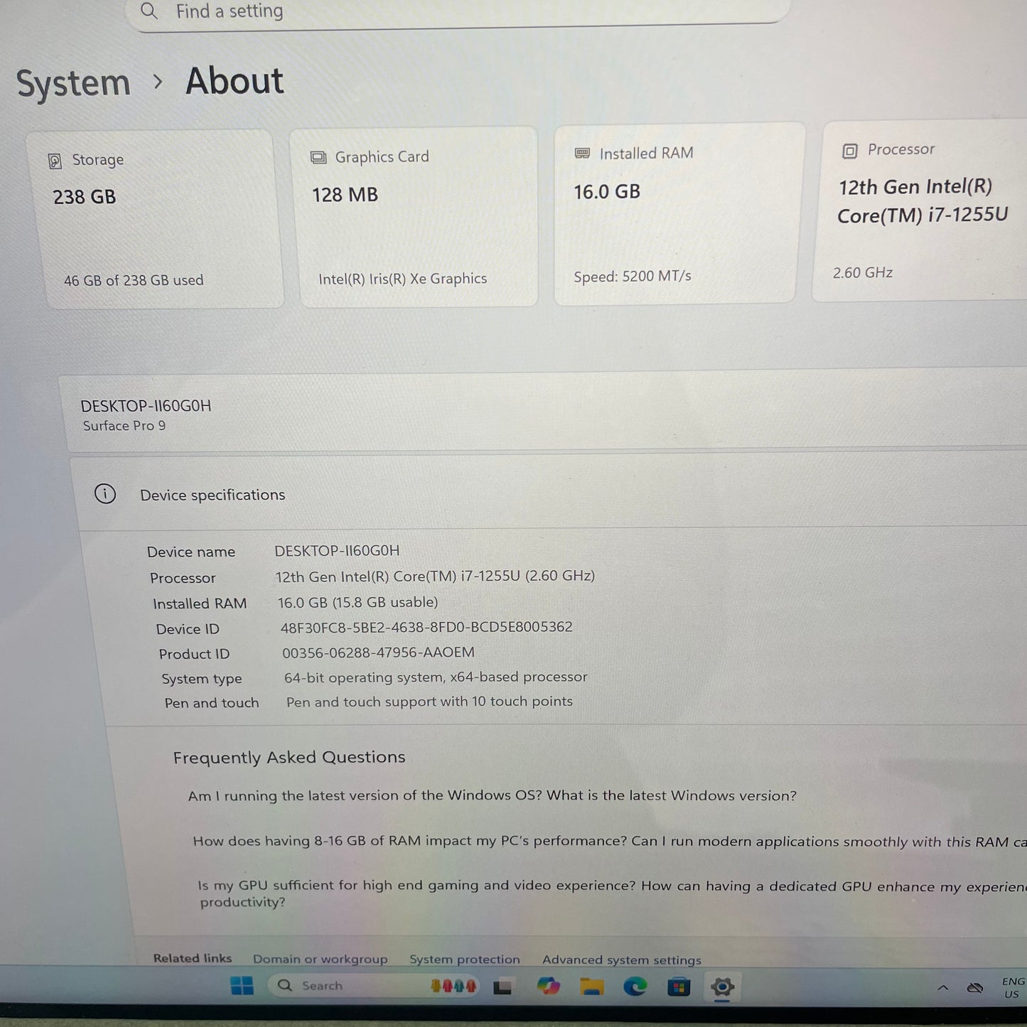 Microsoft Surface Pro 9 2038 13" Tablet Laptop, 16GB RAM, i7 12th Gen, 256GB SSD