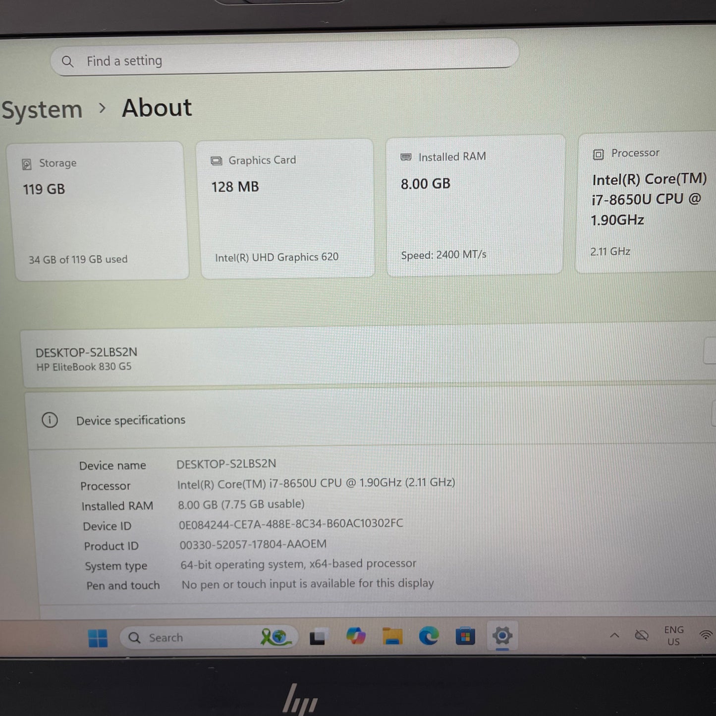 HP EliteBook 830 G5 13.3" Laptop, 8GB RAM, i7 8th Gen, 128GB SSD