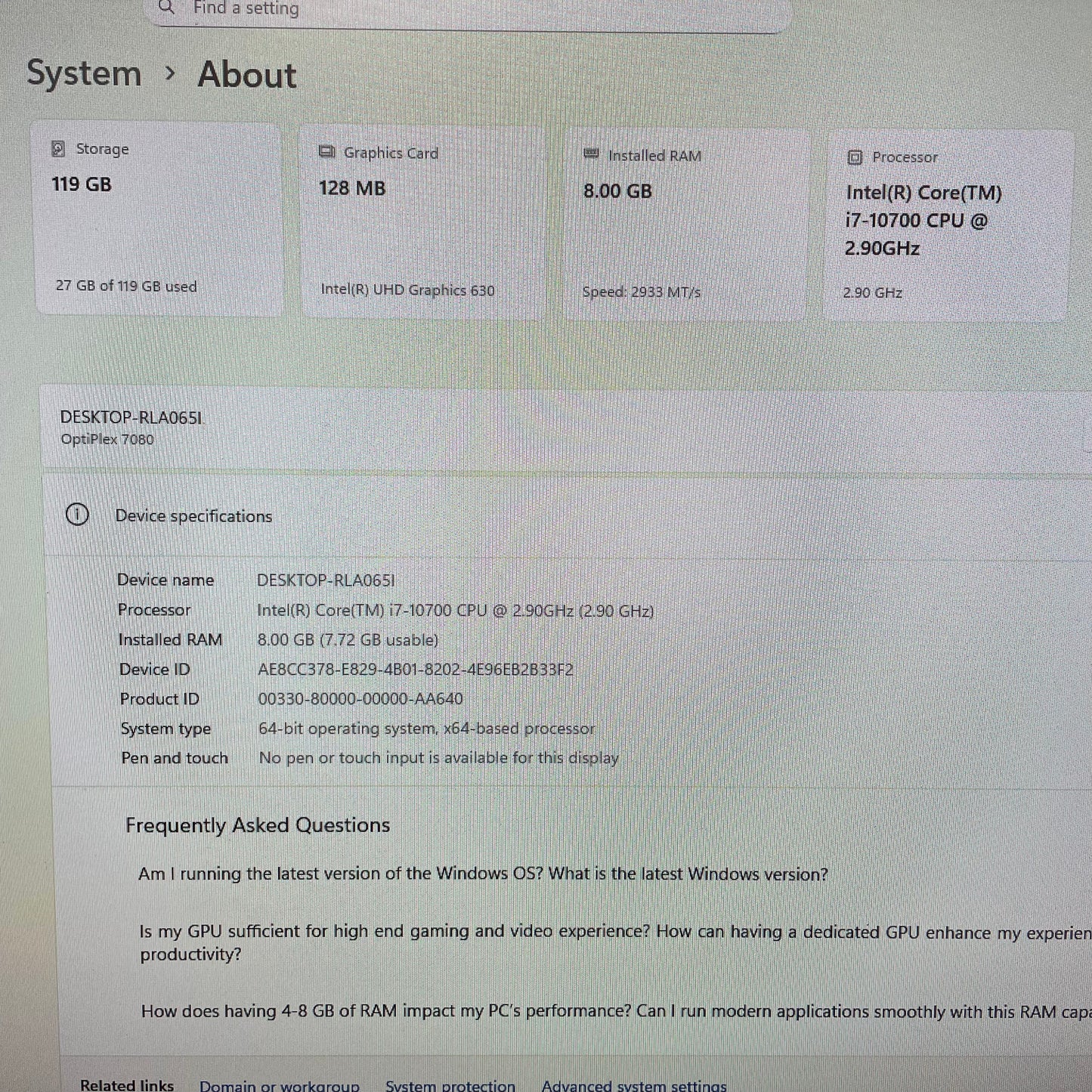 Dell Optiplex 7080 Micro Desktop PC, 8GB RAM, i7 10th Gen, 128GB SSD