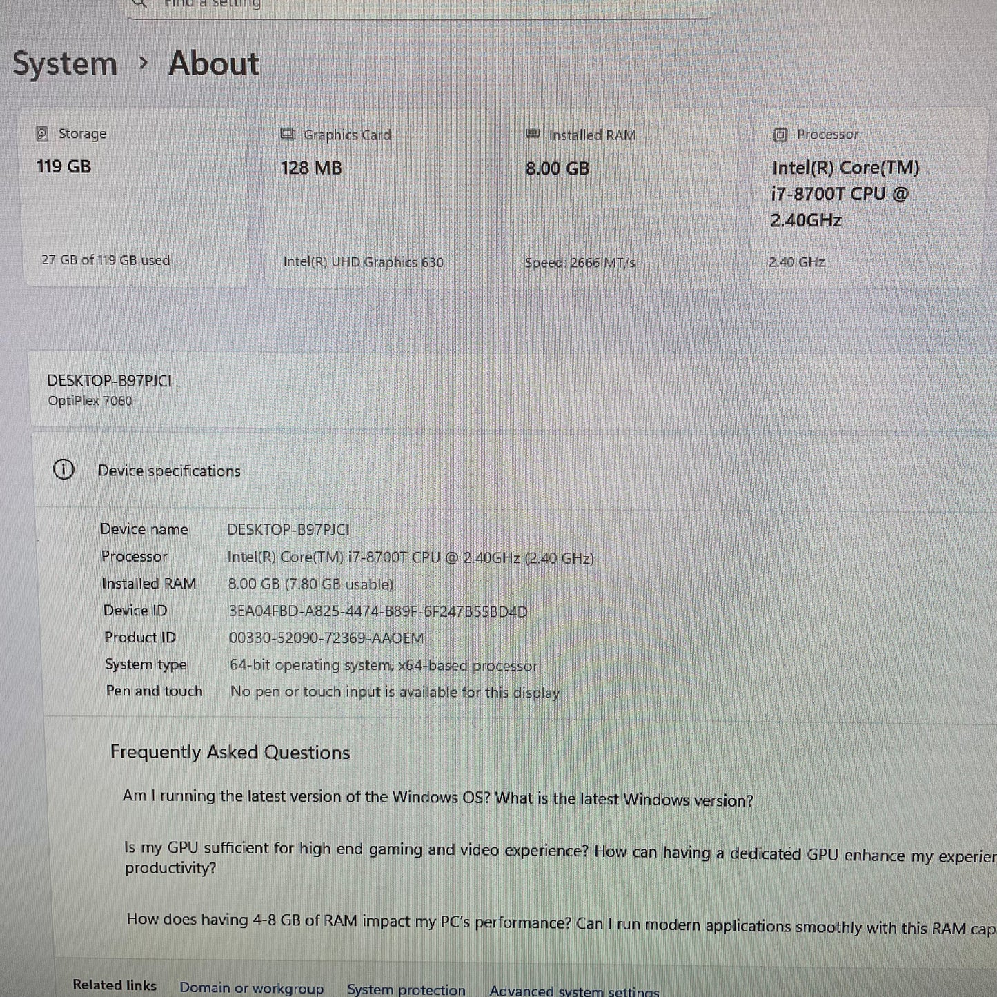 Dell Optiplex 7060 Micro Desktop PC, 8GB RAM, i7 8th Gen, 128GB SSD