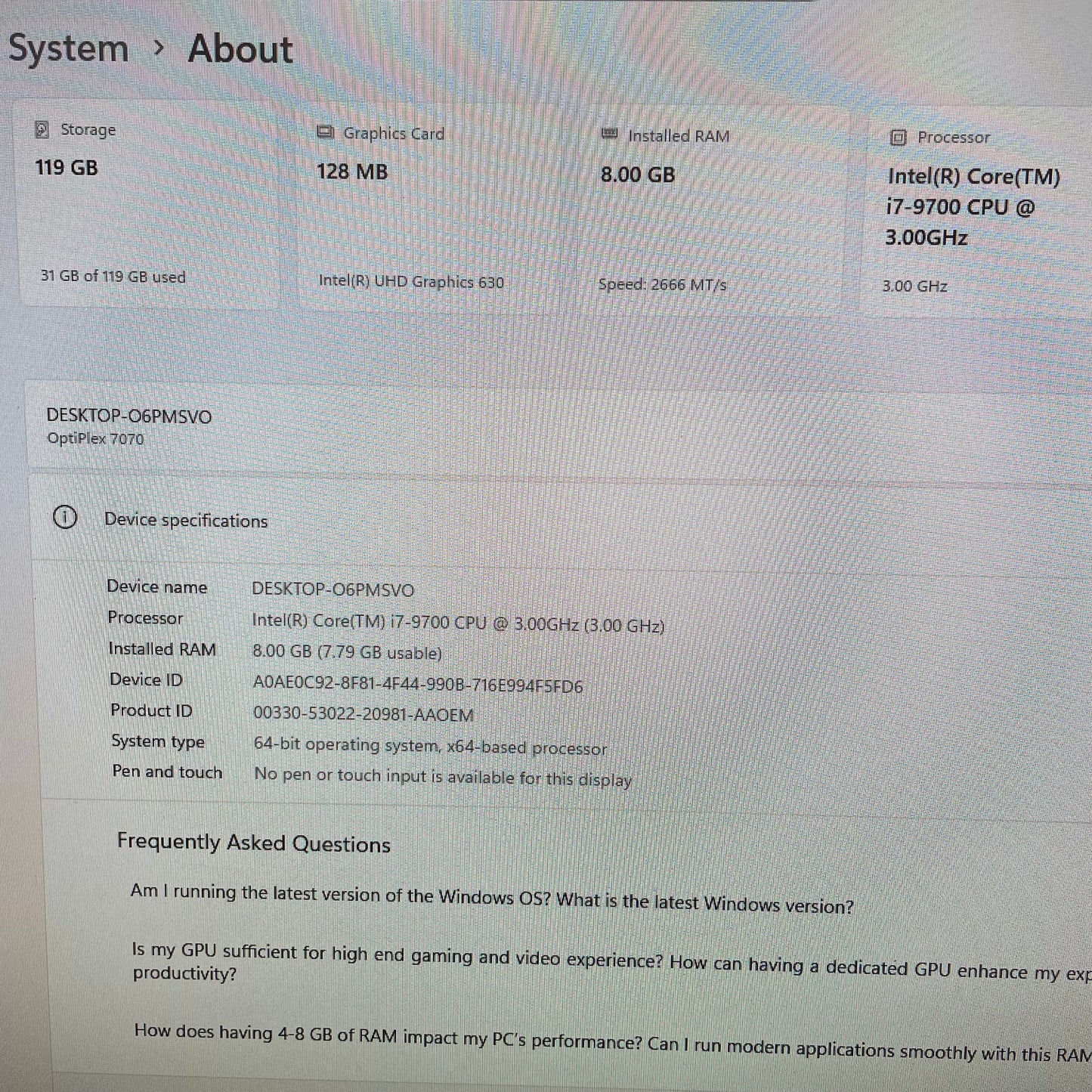 Dell Optiplex 7070 Micro Desktop PC, 8GB RAM, i7 9th Gen, 128GB SSD