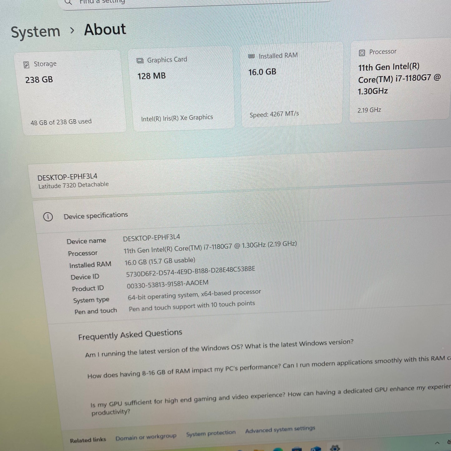 Dell Latitude 7320 13" Detachable 2-in-1 Laptop, 16GB RAM, i7 11th Gen, 256GB SSD