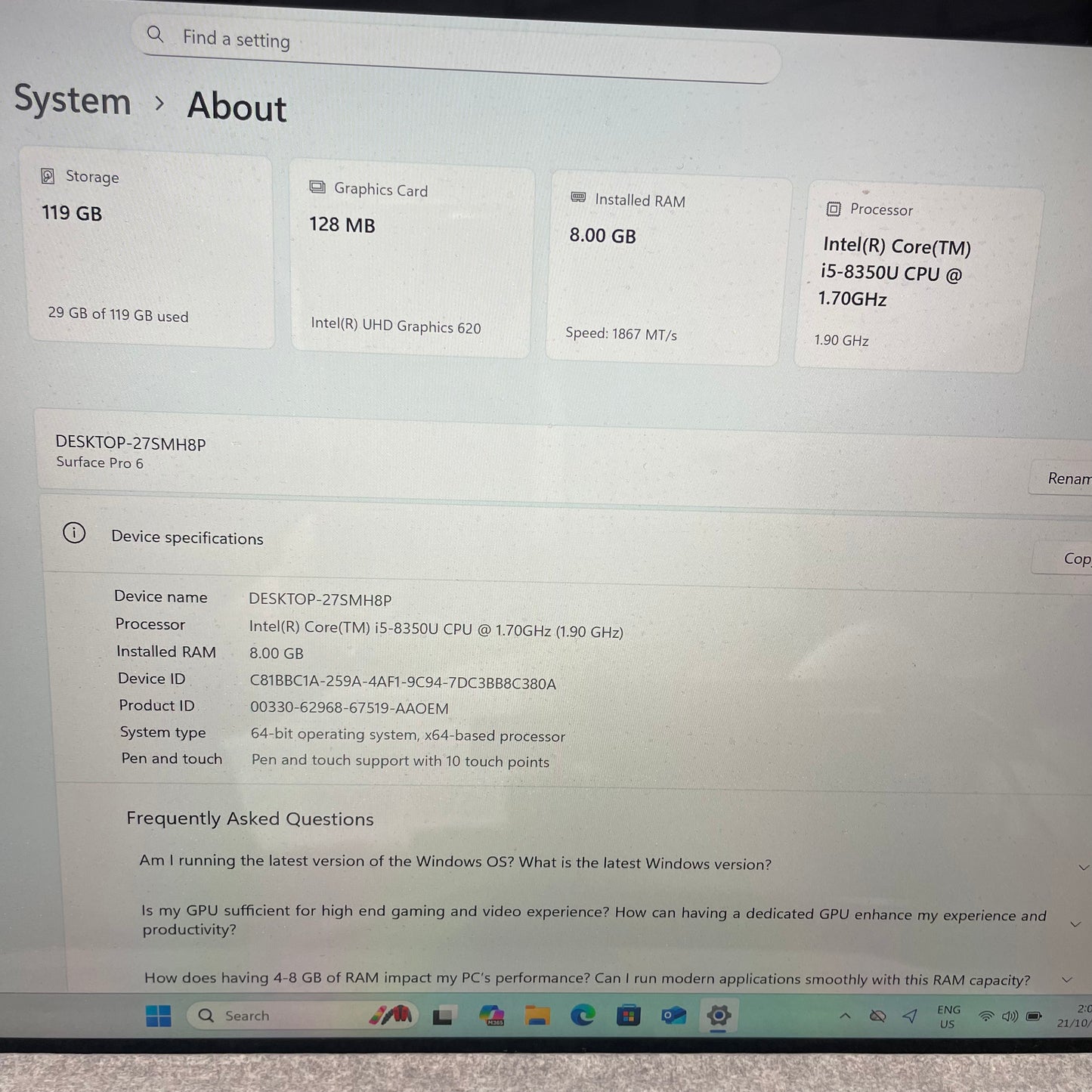 Microsoft Surface Pro 6 1796 12.3" 2-in-1 Tablet Laptop, 8GB RAM, i5 8th Gen, 128GB SSD