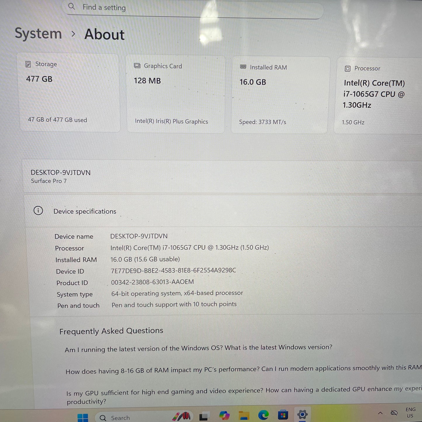 Microsoft Surface Pro 7 1866 12.3" 2-in-1 Tablet Laptop, 16GB RAM, i7 10th Gen, 512GB SSD