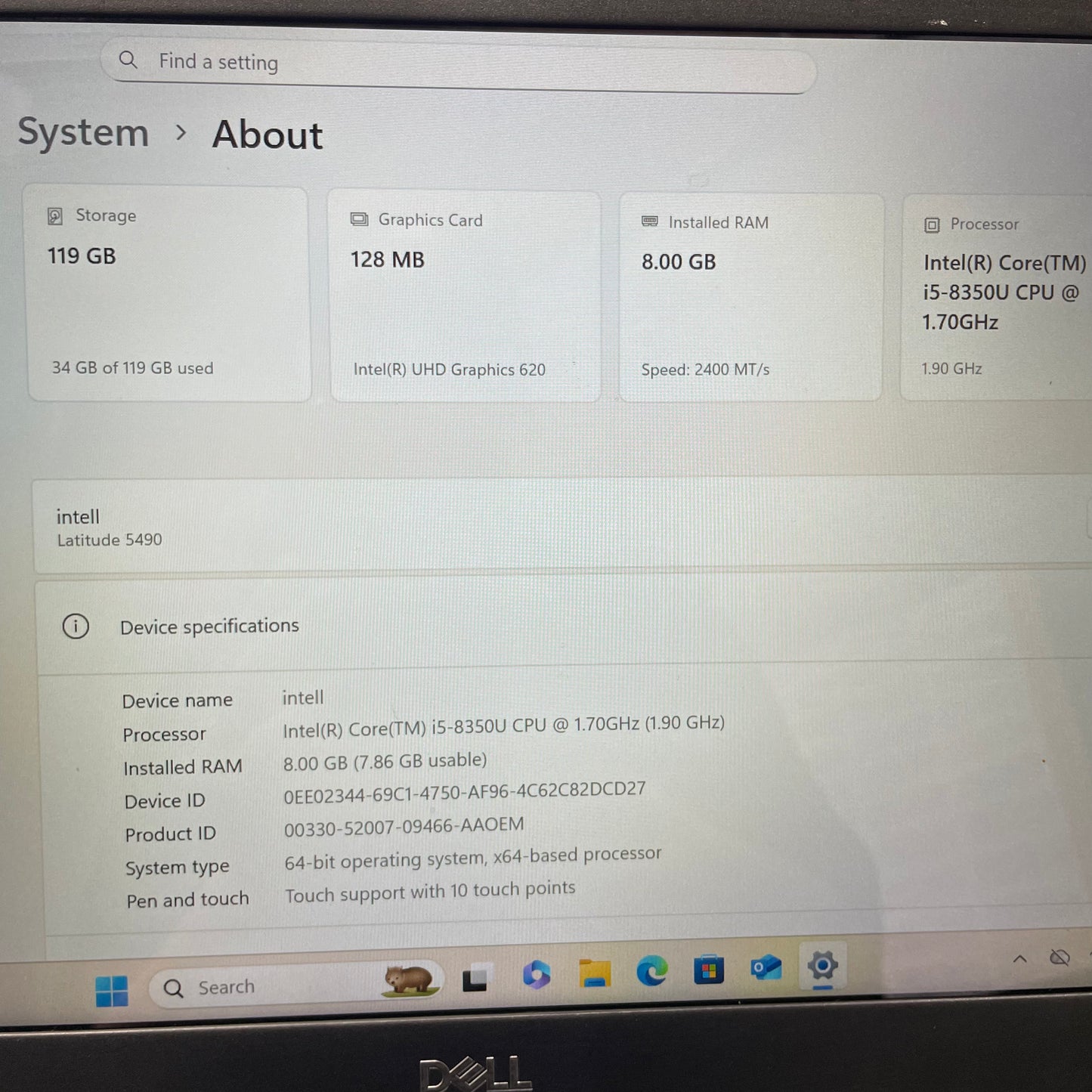 Dell Latitude 5490 14" Laptop, 8GB RAM, i5 8th Gen, 128GB SSD
