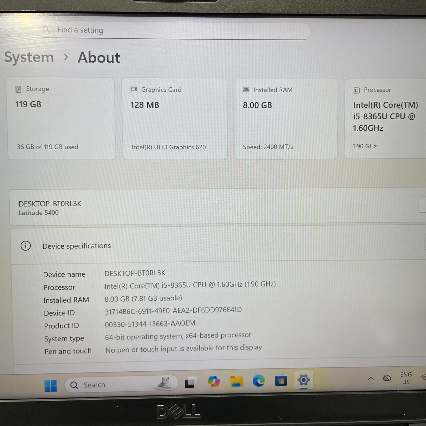 Dell Latitude 5400 14" Laptop, 8GB RAM, i5 8th Gen, 128GB SSD