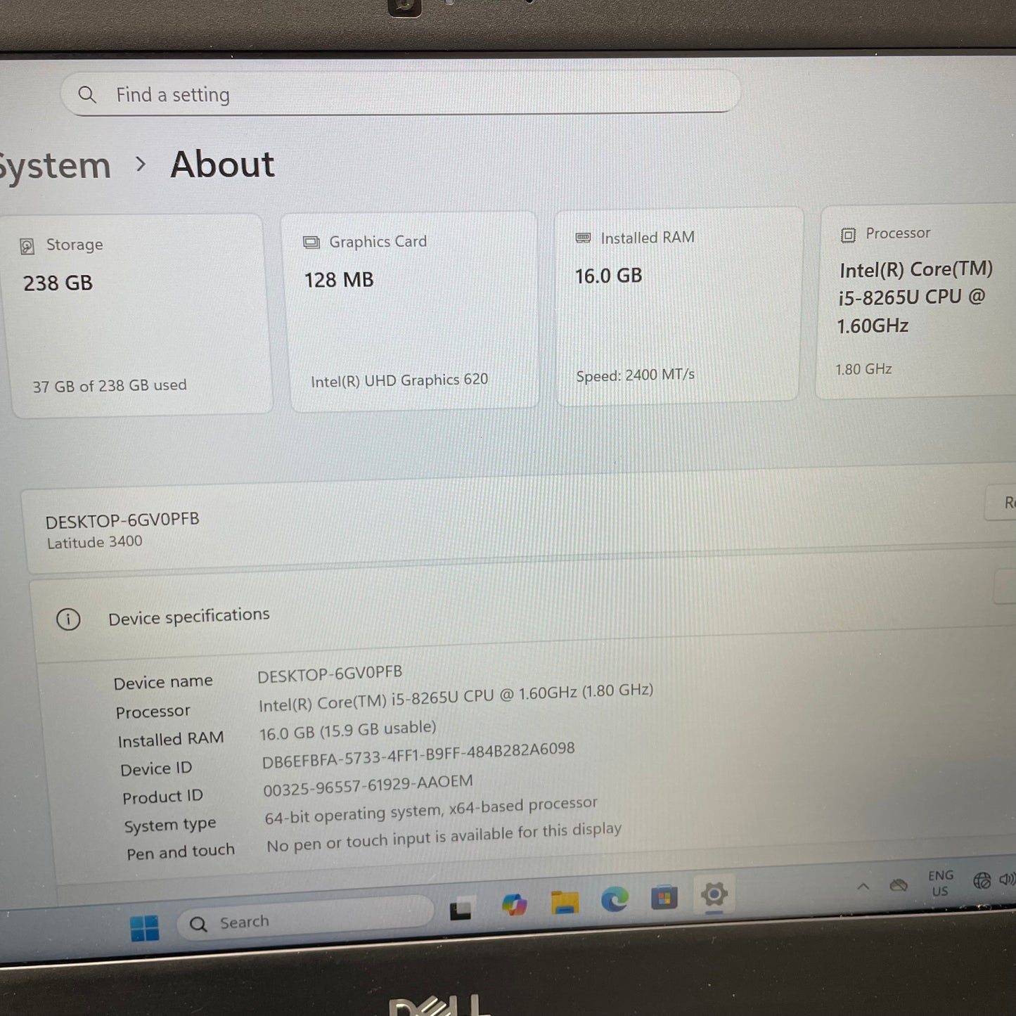 Dell Latitude 3400 14" Laptop, 16GB RAM, i5 8th Gen, 256GB SSD