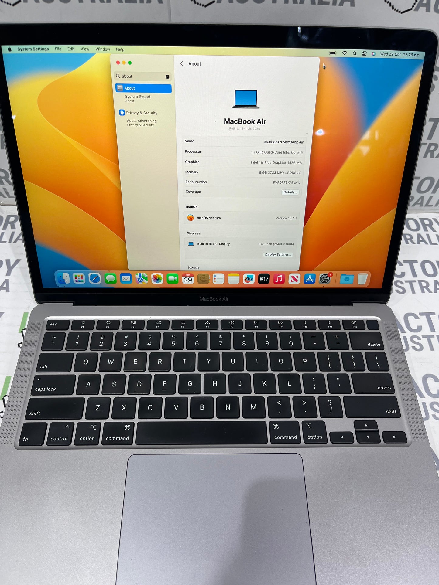 Apple MacBook Air A2179 13" Laptop, 8GB RAM, i5 8th Gen,256GB SSD