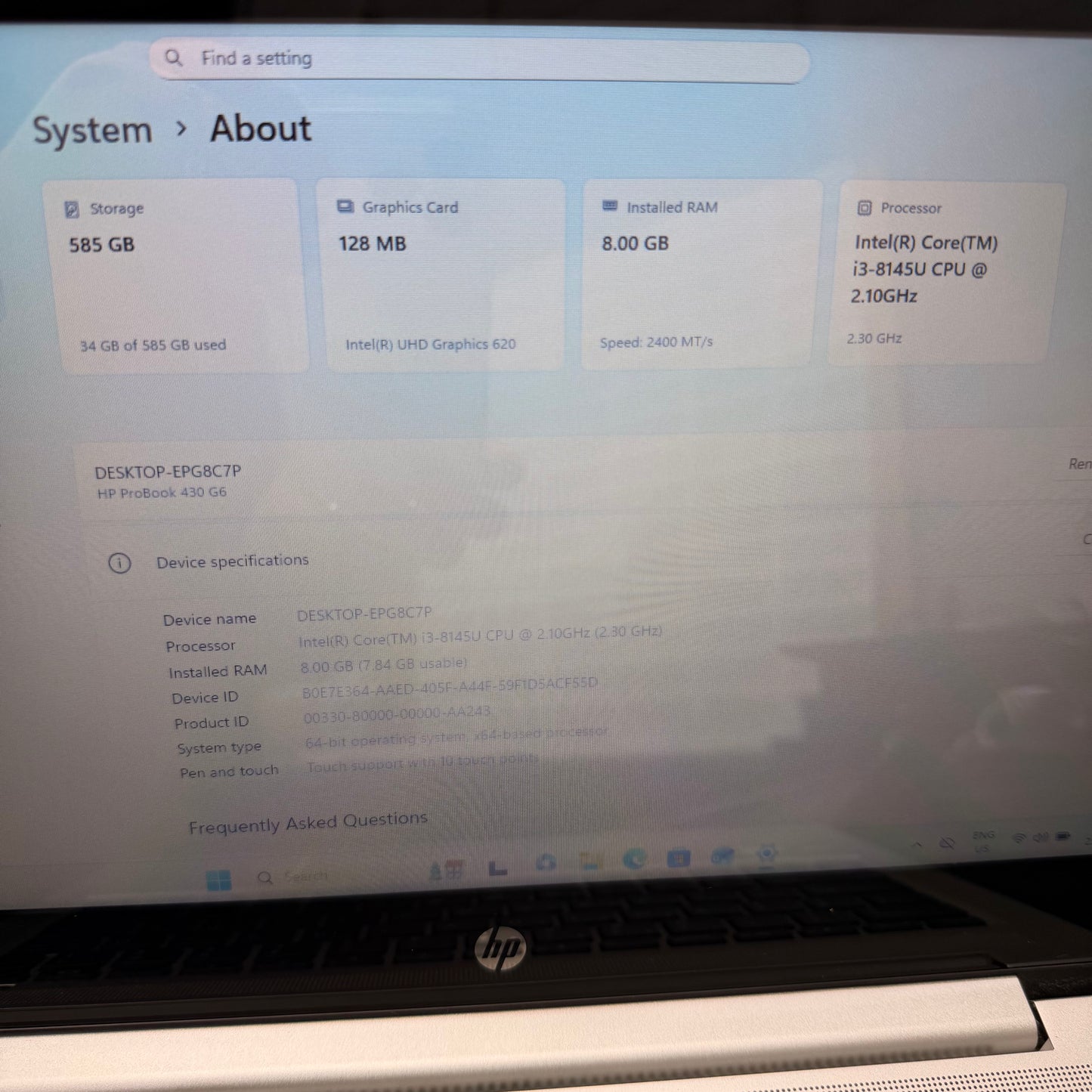 HP ProBook 430 G6 13" Laptop, 8GB RAM, i3 8th Gen, 500GB HDD