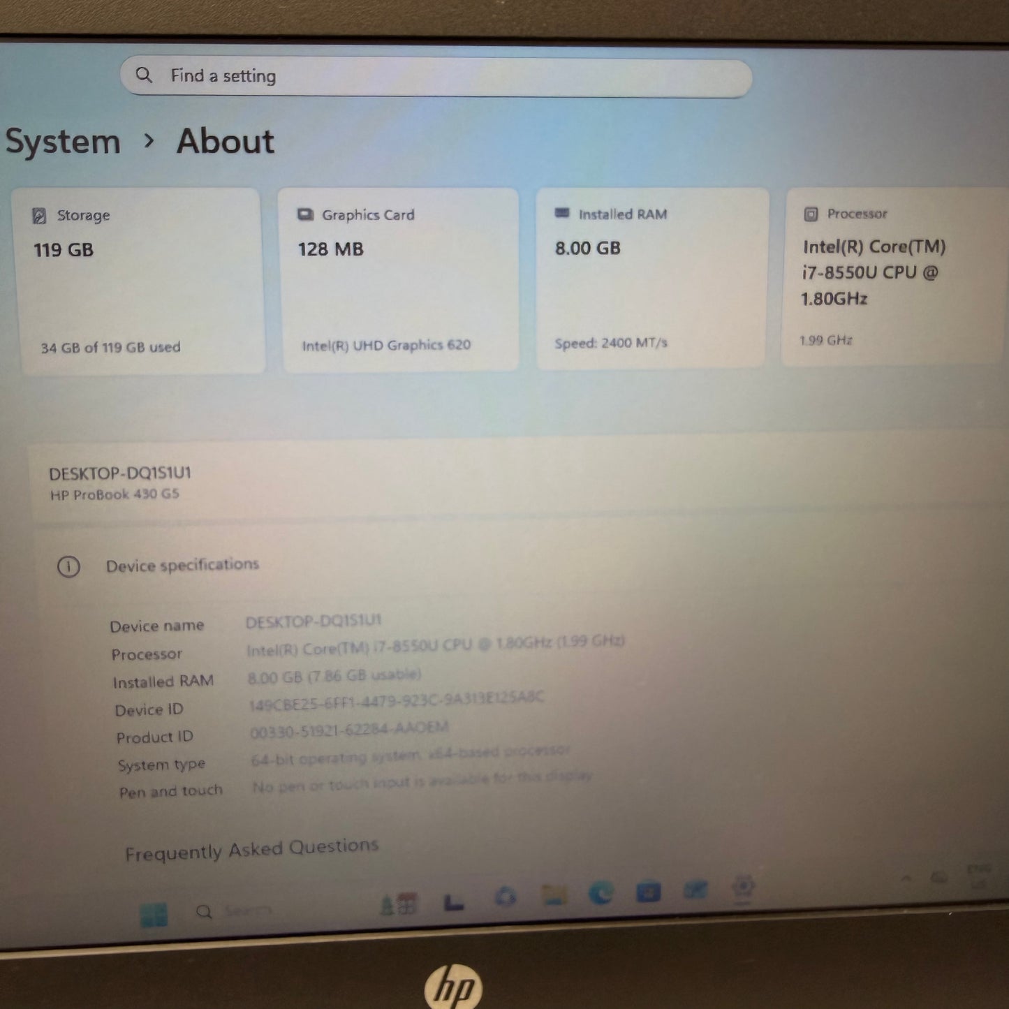 HP ProBook 430 G5 13.3" Laptop, 8GB RAM, i7 8th Gen, 128GB SSD