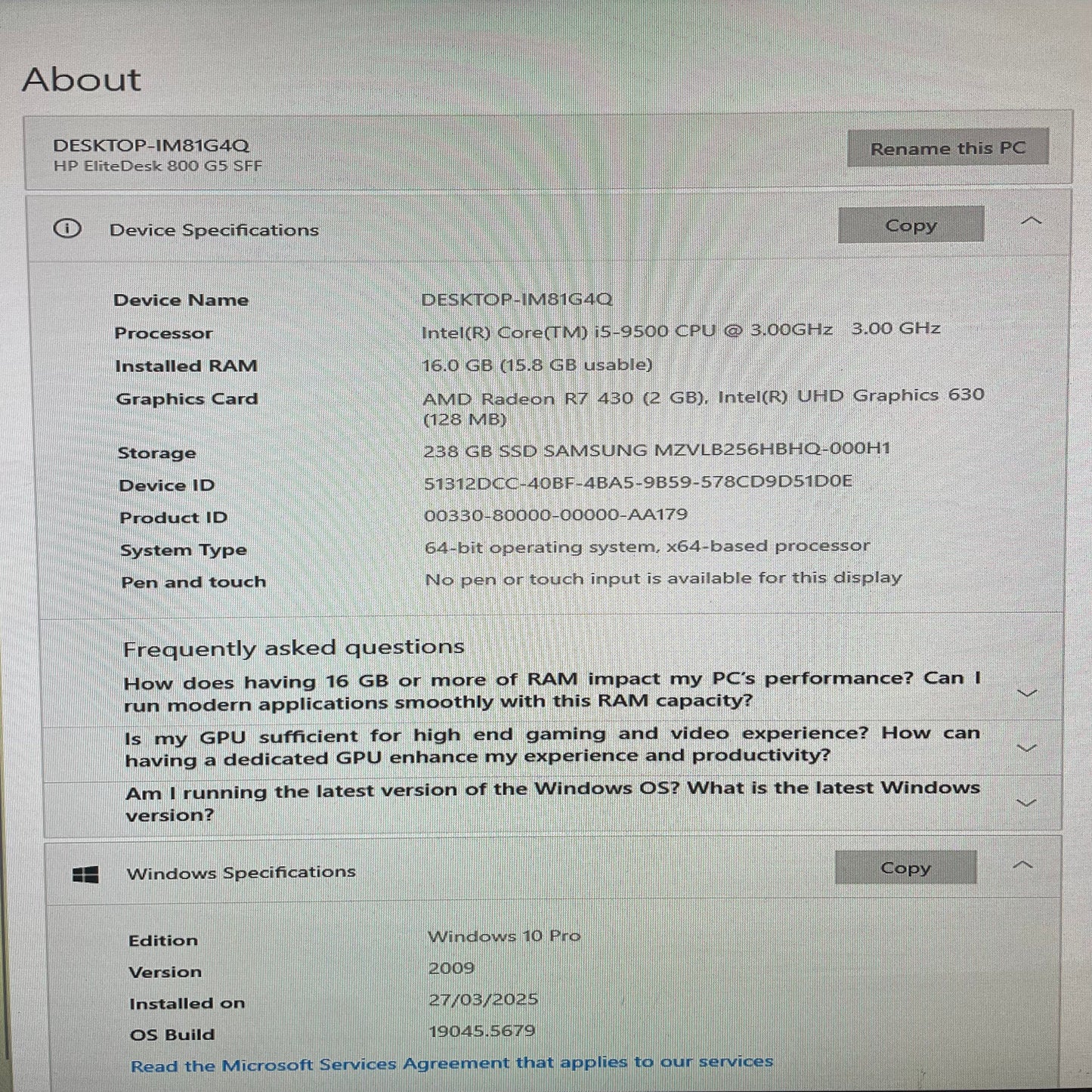 HP EliteDesk 800 G5 SFF Desktop PC, 16GB RAM, i5 9th Gen, 256GB SSD