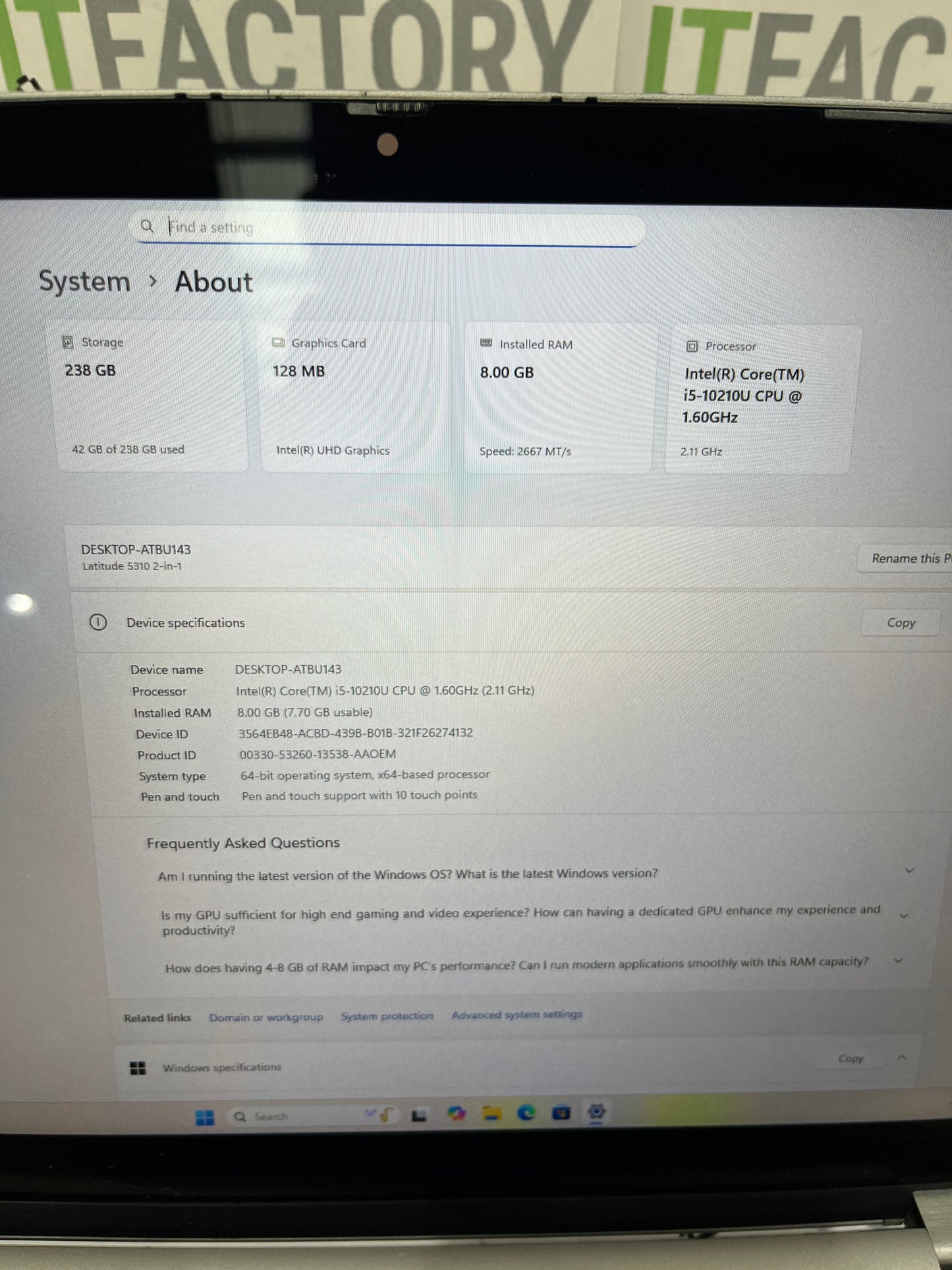 Dell Latitude 5310 14" 2-in-1 Laptop, 8GB RAM, i5 10th Gen, 256GB SSD