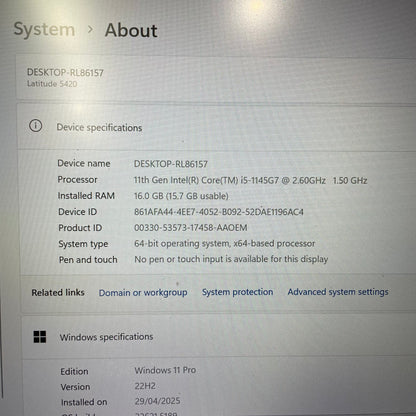 Dell Latitude 5420 14" Laptop, 16GB RAM, i5 11th Gen, 256GB SSD