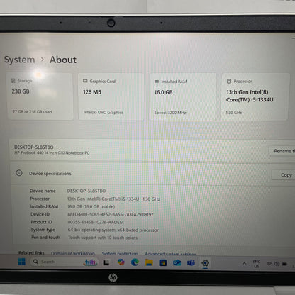 HP ProBook 440 G10 14" Laptop, 16GB RAM, i5 13th Gen, 256GB SSD