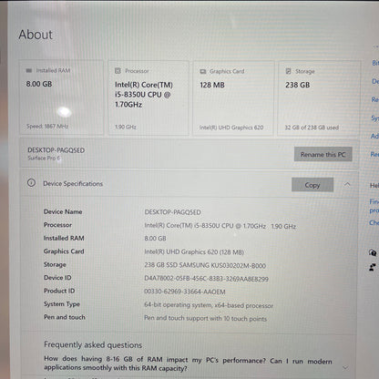 Microsoft Surface Pro 6 1796 12.3" Tablet Laptop, 8GB RAM, i5 8th Gen, 256GB SSD