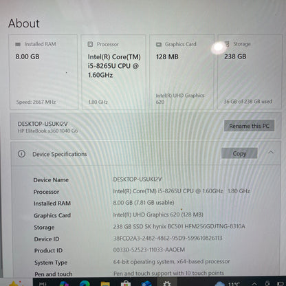 HP EliteBook x360 1040 G6 14" Notebook PC, 8GB RAM, i5 8th Gen, 256GB SSD