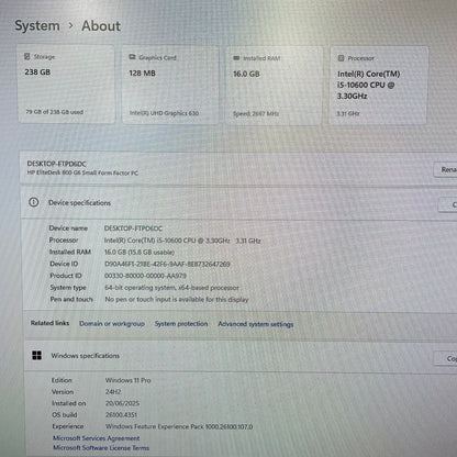 HP EliteDesk 800 G6 SFF Desktop PC, 16GB RAM, i5 10th Gen, 256GB SSD
