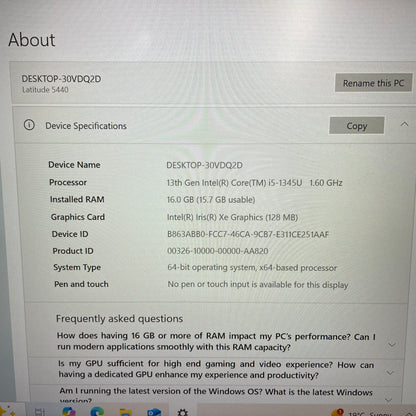 Dell Latitude 5440 14" Laptop, 16GB RAM, i5 13th Gen, 512GB SSD