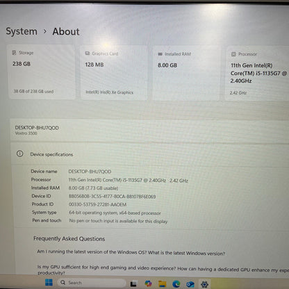 Dell Vostro 3500 15.6" Laptop, 8GB RAM, i5 11th Gen, 256GB SSD