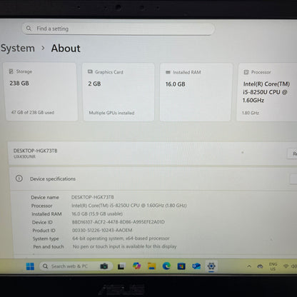 Asus Zenbook UX430U 14" Laptop, 16GB RAM, i5 8th Gen, 256GB SSD