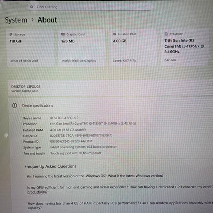 Microsoft Surface Laptop Go 2 2013 12.4" Laptop, 4GB RAM, i5 11th Gen, 128GB SSD
