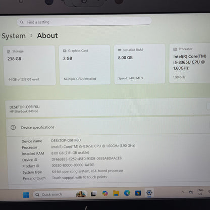 HP EliteBook 840 G6 14" Laptop, 8GB RAM, i5 8th Gen, 256GB SSD