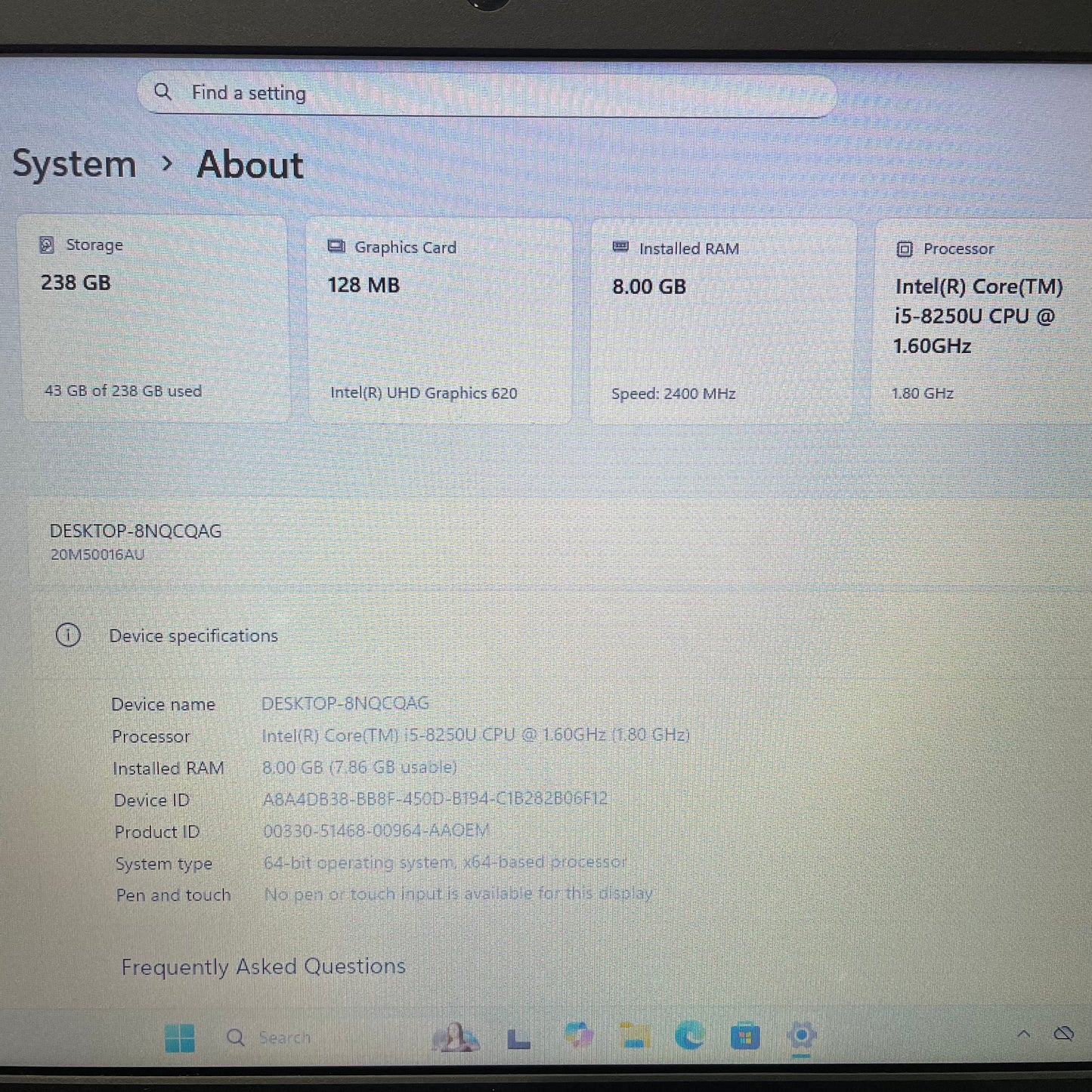 Lenovo ThinkPad L380 13.3" Laptop, 8GB RAM, i5 8th Gen, 256GB SSD