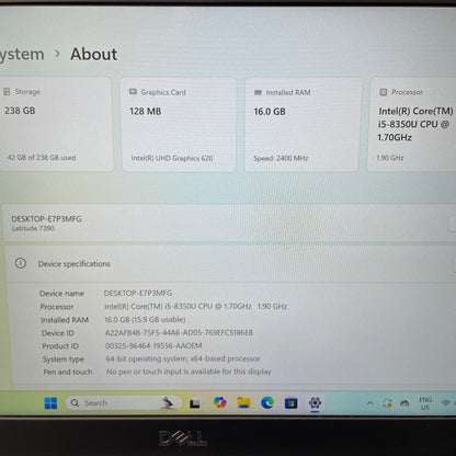 Dell Latitude 7390 13.3" Laptop, 16GB RAM, i5 8th Gen, 256GB SSD